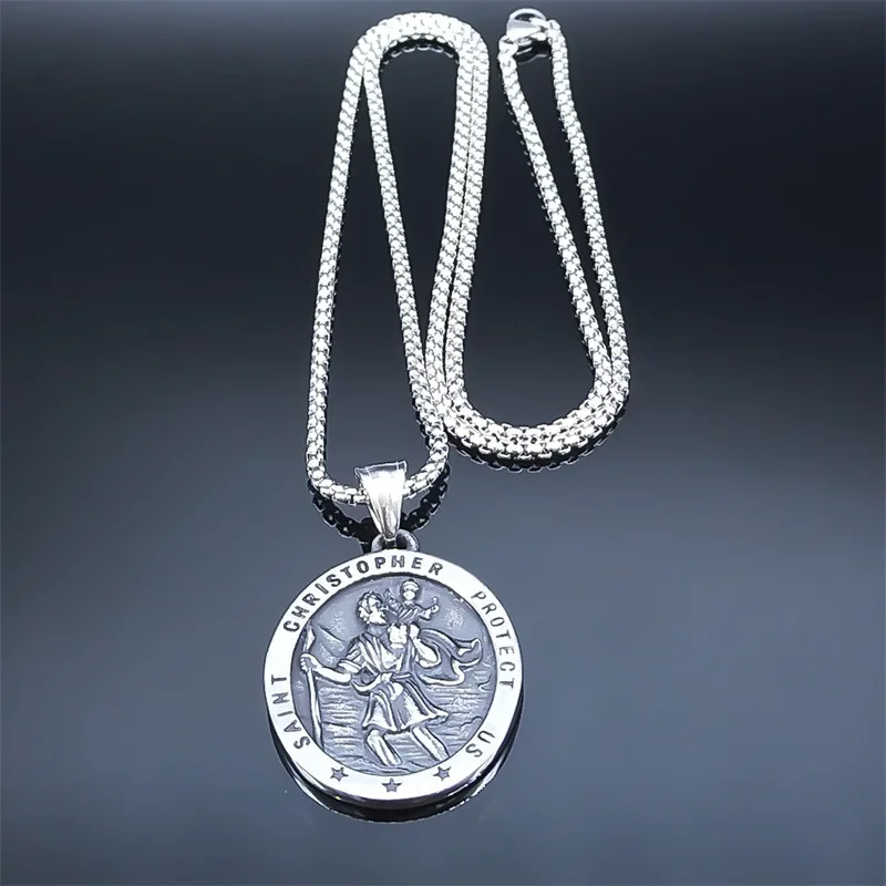 Saint Christopher Protect Us Cross Medal Necklace Stainless Steel Archangel Saints Protection Amulet Necklaces Jewelry