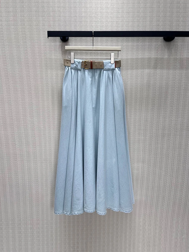Spring Summer Fashion Daily Light Blue Cotton Casual Long Skirt Women's Middle Waist Belt Slim Solid Color A-Line Long Skirt