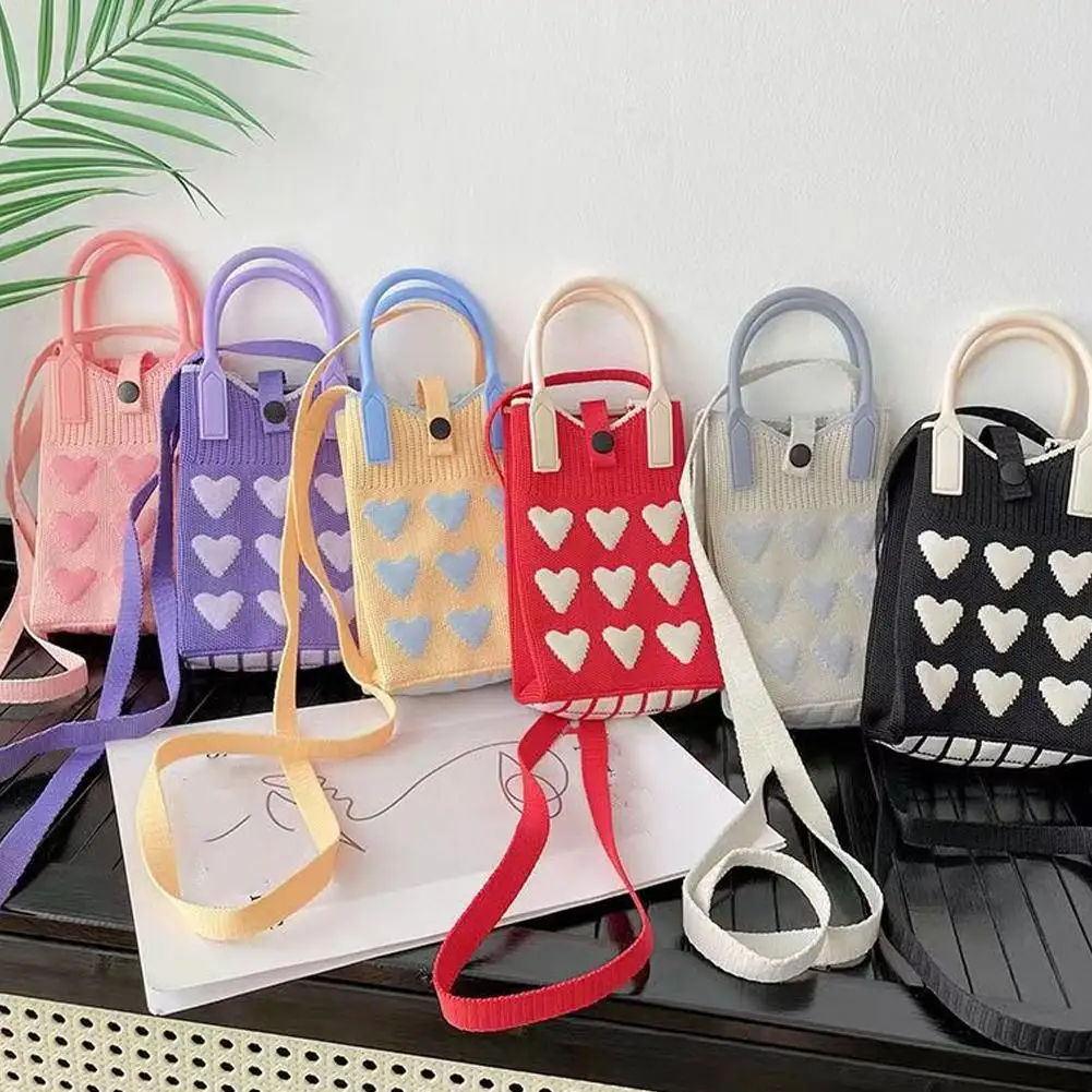 

Knitted Mini Mobile Phone Bag Female Sweet Heart-shaped Phone Bag Love Shoulder Handbag Hand Bag Purses and Handbag