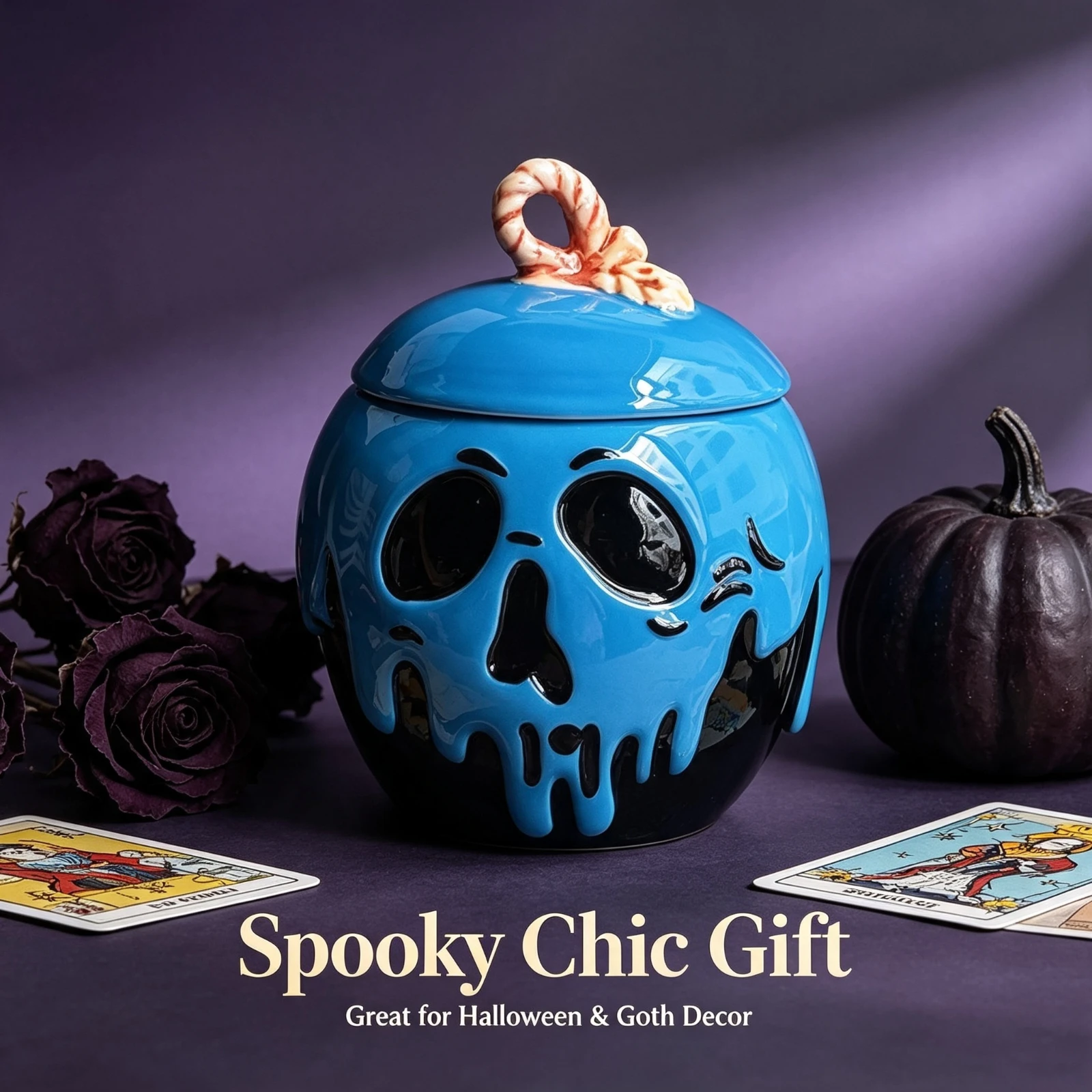 Blue Ceramic Skull Mug With Lid, Poisoned Apple Handle Gothic Halloween Witches Coffee Cup Home Party Decoration Funny Gift