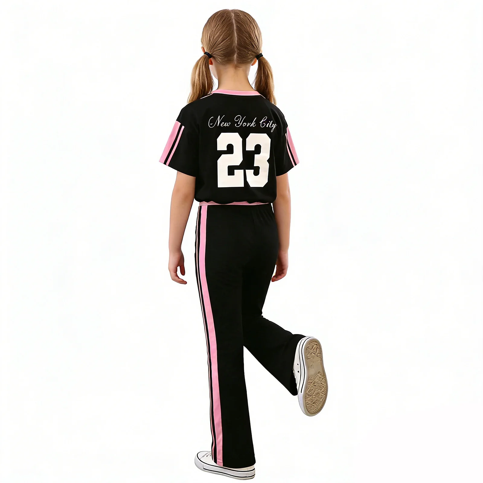 Kids Girls Sports Fitness Costume Number Printed Color Block Short-sleeve T-shirt with Flared Pants for Workout Exercise Warm-up