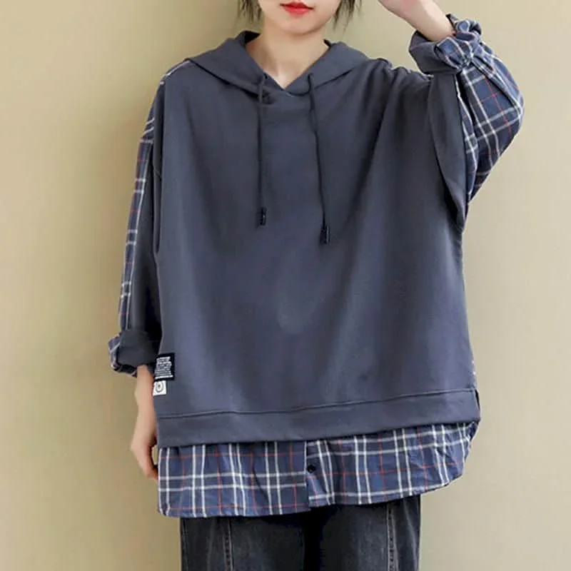

Pop Hoodies For Women Harajuku Oversized Plaid Patchwork Hooded T-shirts Casual Korean Style Long Sleeve Women Clothes Trend Top