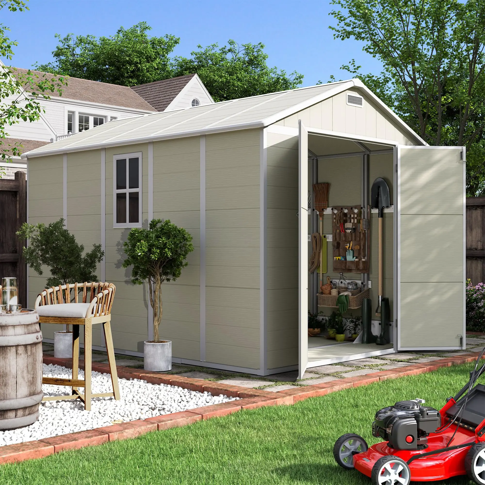 Outdoor Storage Shed 7.5x10.7 FT Plastic Garden Shed for Bike Garbage Can Tool Outside Sheds & Outdoor Resin Shed with Lockable