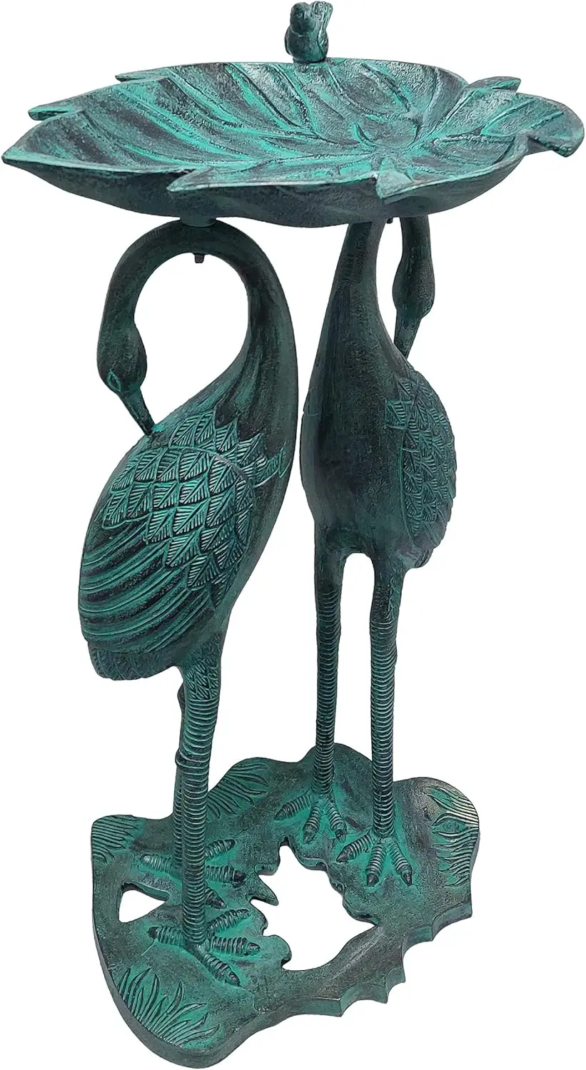 حمام طيور من الألومنيوم المصبوب مقاس 30 بوصة مع وعاء أوراق شجر، لمسة نهائية من باتينا سوداء، ديكور خارجي مقاوم للطقس