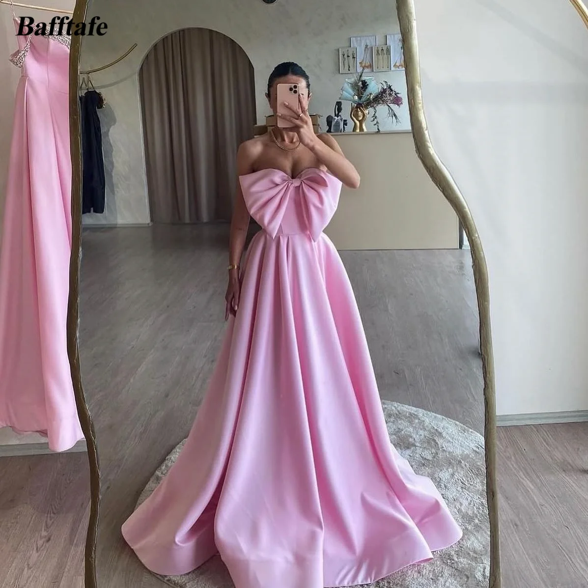 Bafftafe Pink Satin Formal Party Prom Dresses Bow Wedding Gowns Special Occasion Sweep Train Women Evening Dress Customized