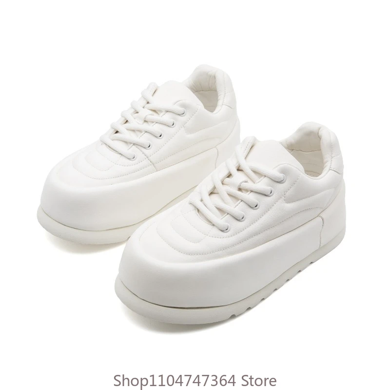

New White Genuine Leather Platform Casual Shoes Men's Sport Height Increasing Thick Sole Lace Up Sneakers Male Board Shoes