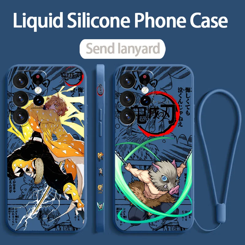 Demon Slayer Zenitsu Inosuke Phone Case For Samsung S10 S20 S21 S22 S23 S24 Plus Lite Ultra FE Liquid Left Rope Funda Silicone