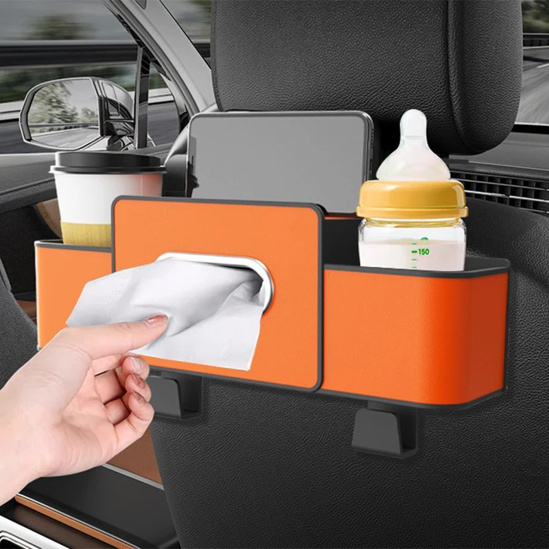 Backseat Car Organizer Car Seat Back Storage With Tissue Box 2 Cup Holders Headrest Hooks Car Necessities Multi-functional Car