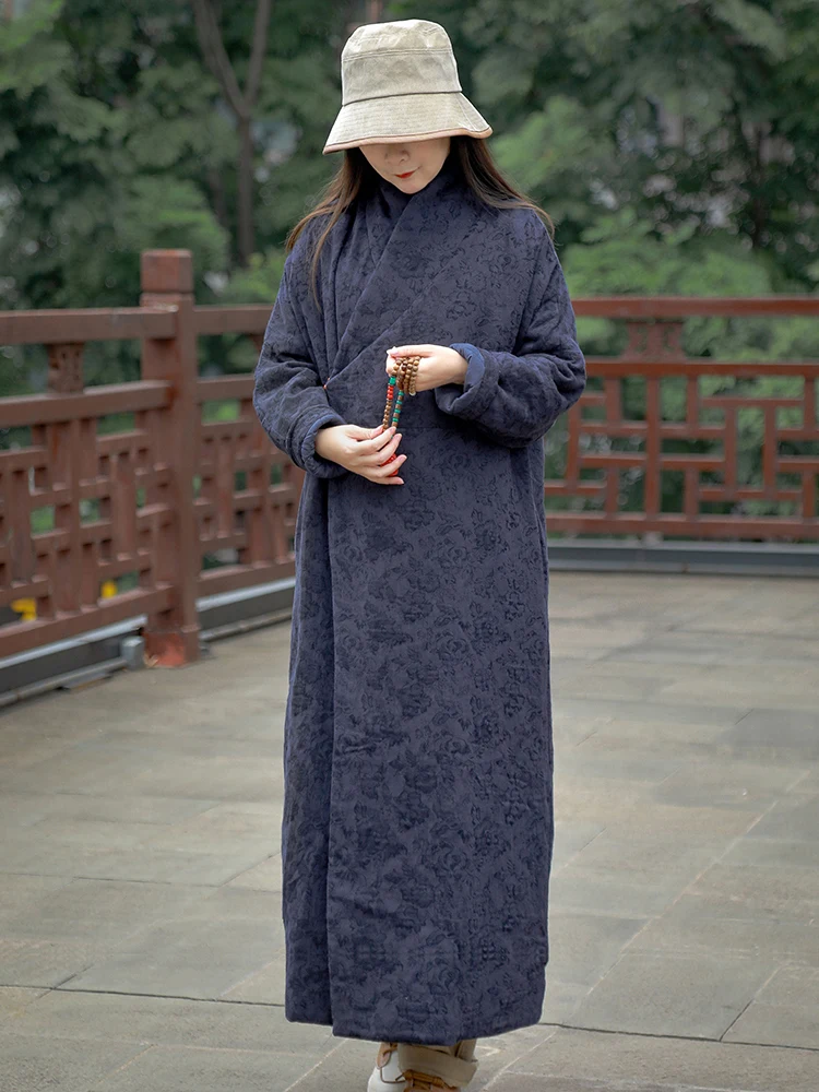 

Зимний новый хлопковый халат в китайском ретро-стиле с вышивкой, длинное пальто на пуговицах, теплая одежда в стиле Дзен, женская мода