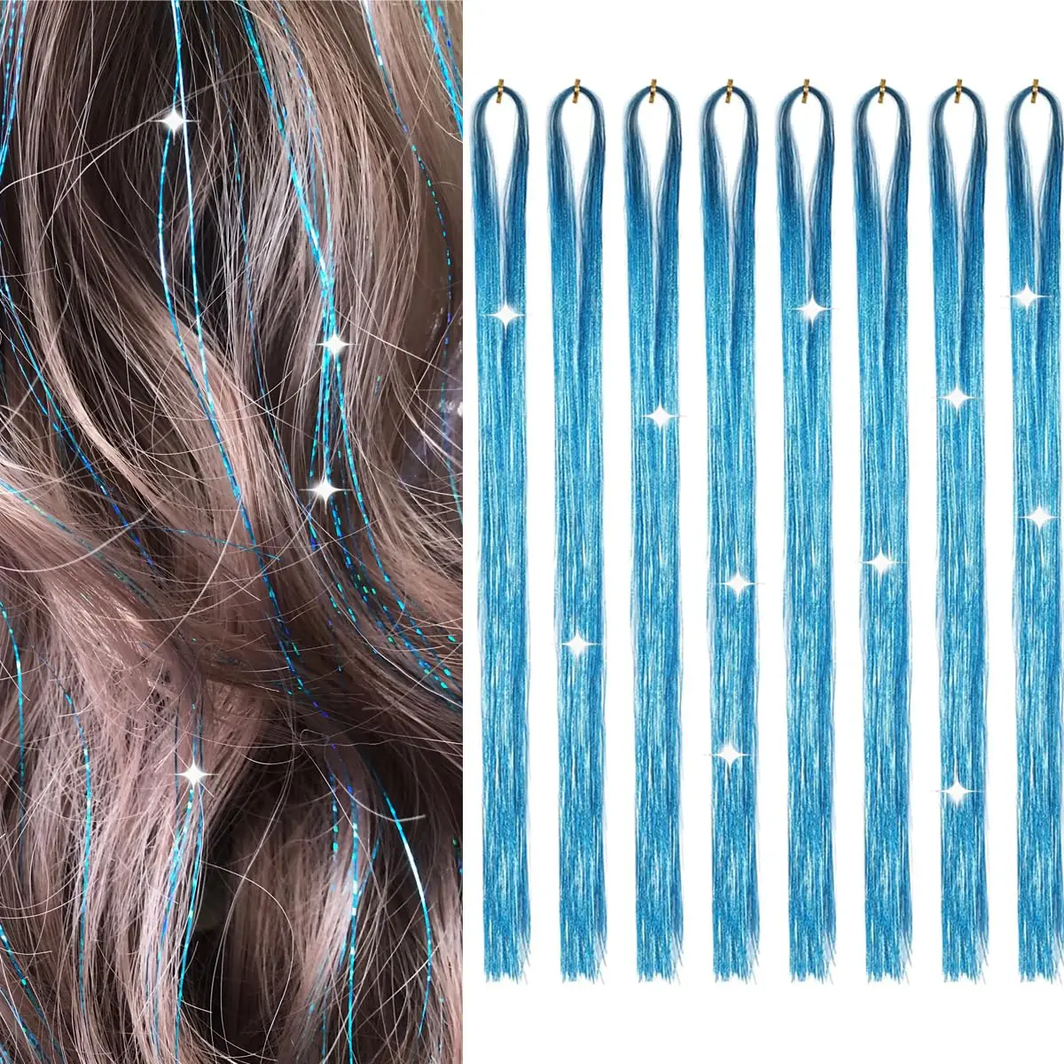Hair Tinsel 8 Packs 24 Inch Glitter Sparkling Fairy Hair Tinsel Extensions Shiny Hair Accessories for Women Daily Party Festival
