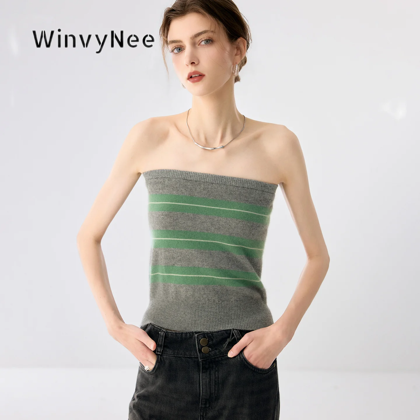WinvyNee Women Striped Tube Top Cashmere Knitted Bustier Sleeveless Tank Autumn Winter Snug Fit Inner Garment Essential C1944010