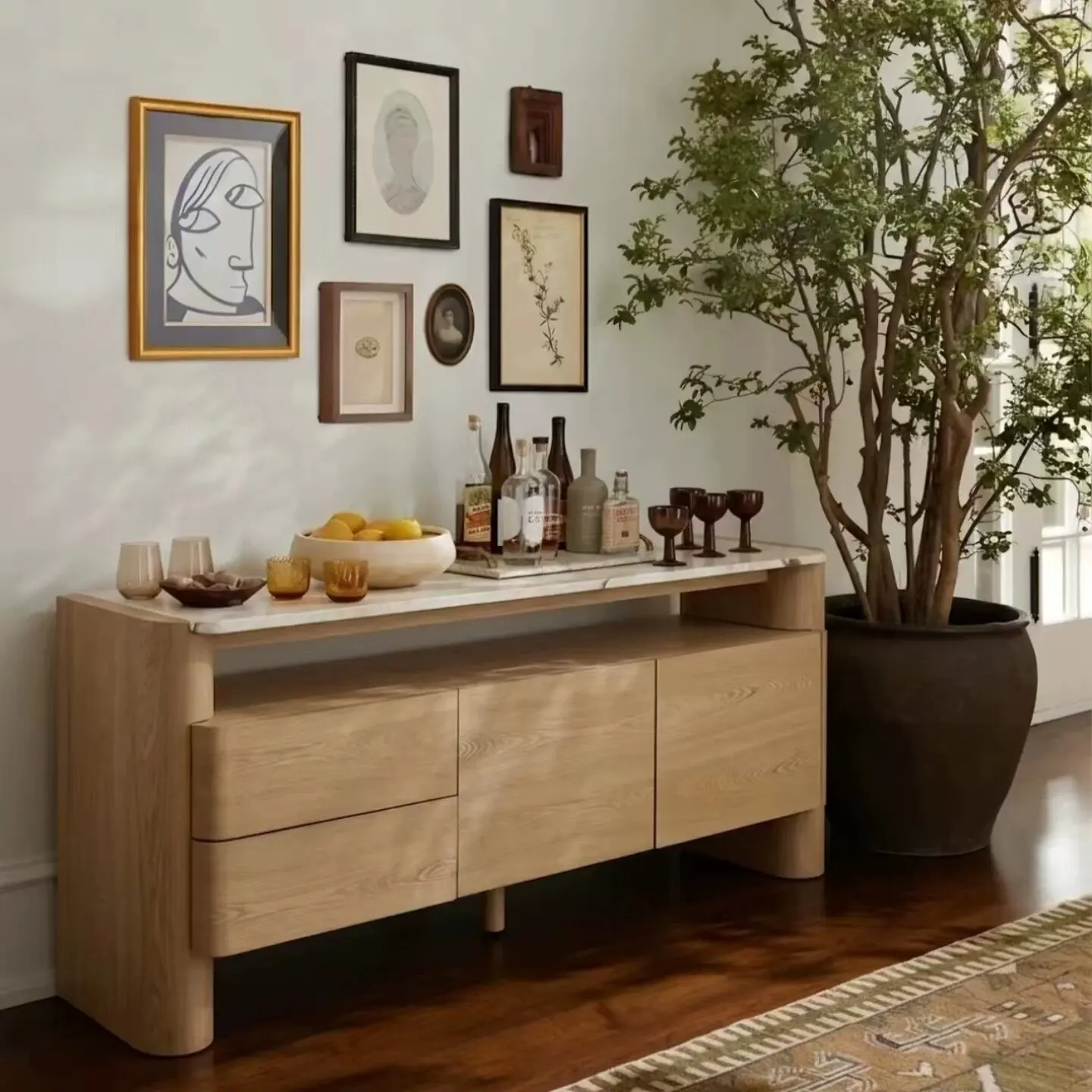 Mid-Century Solid Wood Sideboard Designer Living Room Multifunctional Storage Cabinet Retro Hallway Cabinet Marble Top Against W