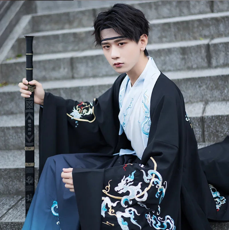 Ukuran besar 6XL Cina kuno Hanfu kostum Cosplay Karnaval Pria bordir gradien Hanfu hitam & biru set untuk pria ukuran besar