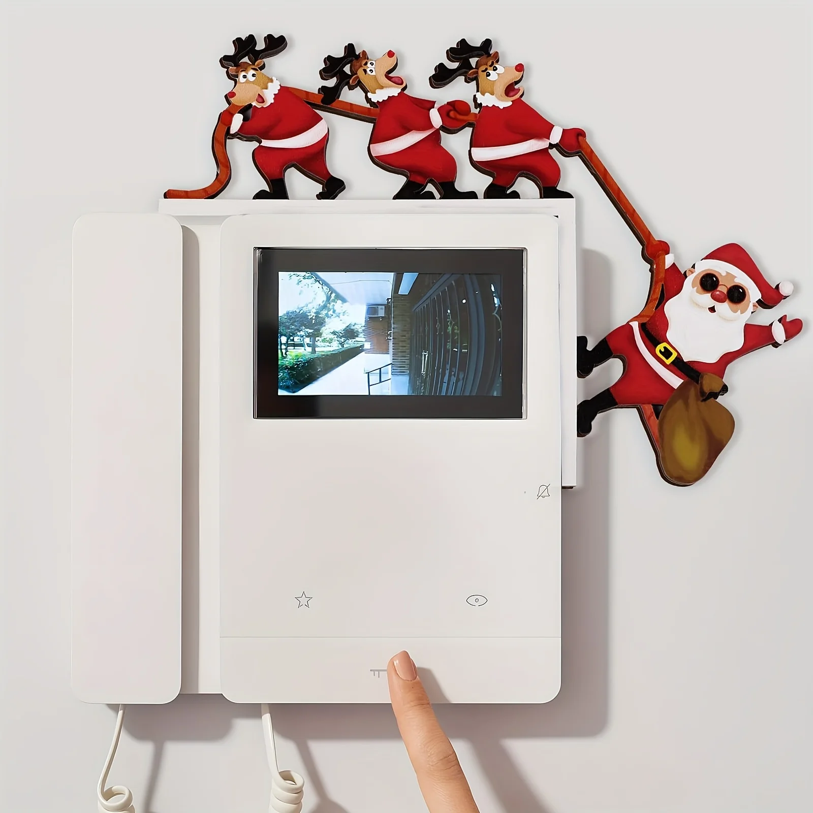 Christmas Santa Claus Reindeer Door Frame Decor, Wooden Corner Ornament with Adhesive Dots for Intercom Doorbell Door Frame