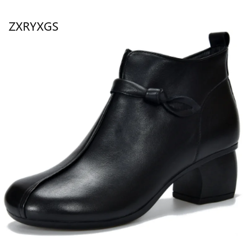 

ZXRYXGS 2025 Autumn Round Toe Inner and Outer Full Real Leather Boots Fashion Elegant Thick Mid Heel Boots Women Single Boots