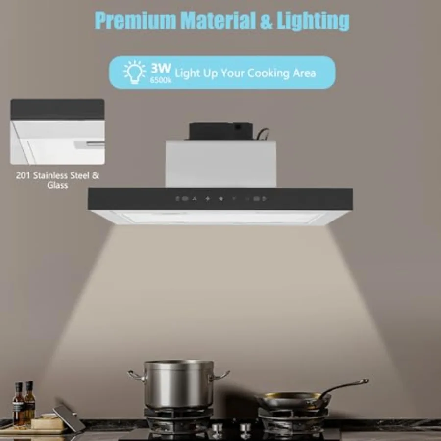 شفاط المطبخ من الفولاذ المقاوم للصدأ مقاس 24 بوصة مع شفط 350 CFM لمسة المطبخ والتحكم بالإيماءات 3 سرعات مروحة العادم L #6