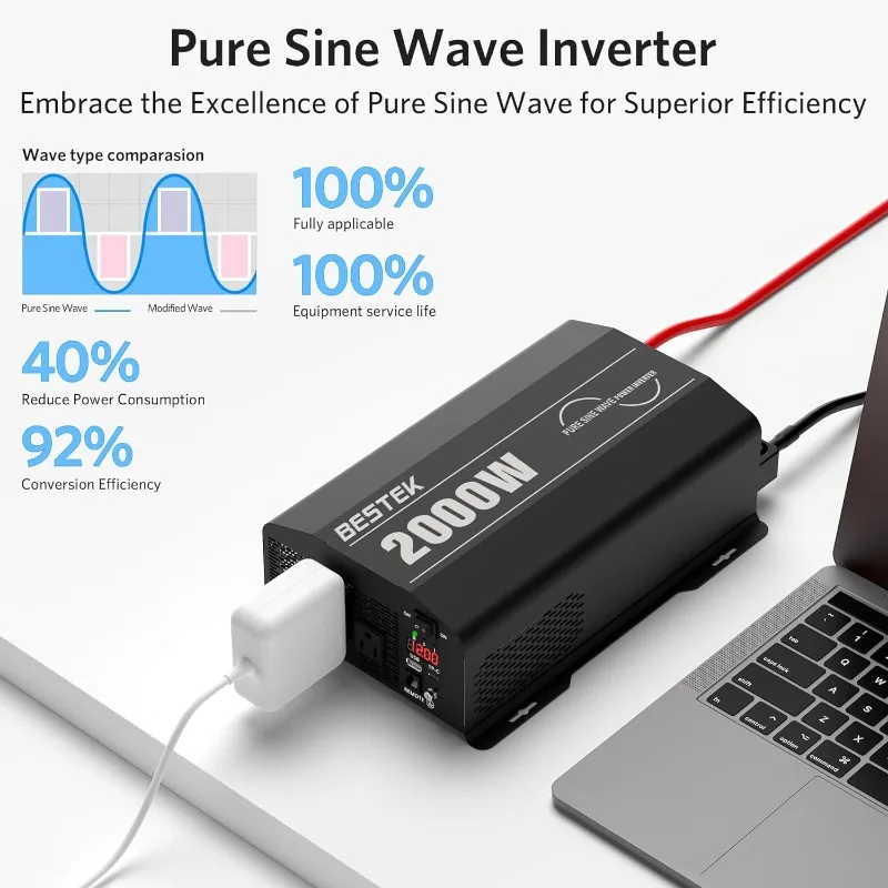 BESTEK-inversor de potencia de onda sinusoidal de 2000 vatios, 12V de CC a 110V/120V de CA, 3 salidas de CA, puerto USB y tipo C, control remoto