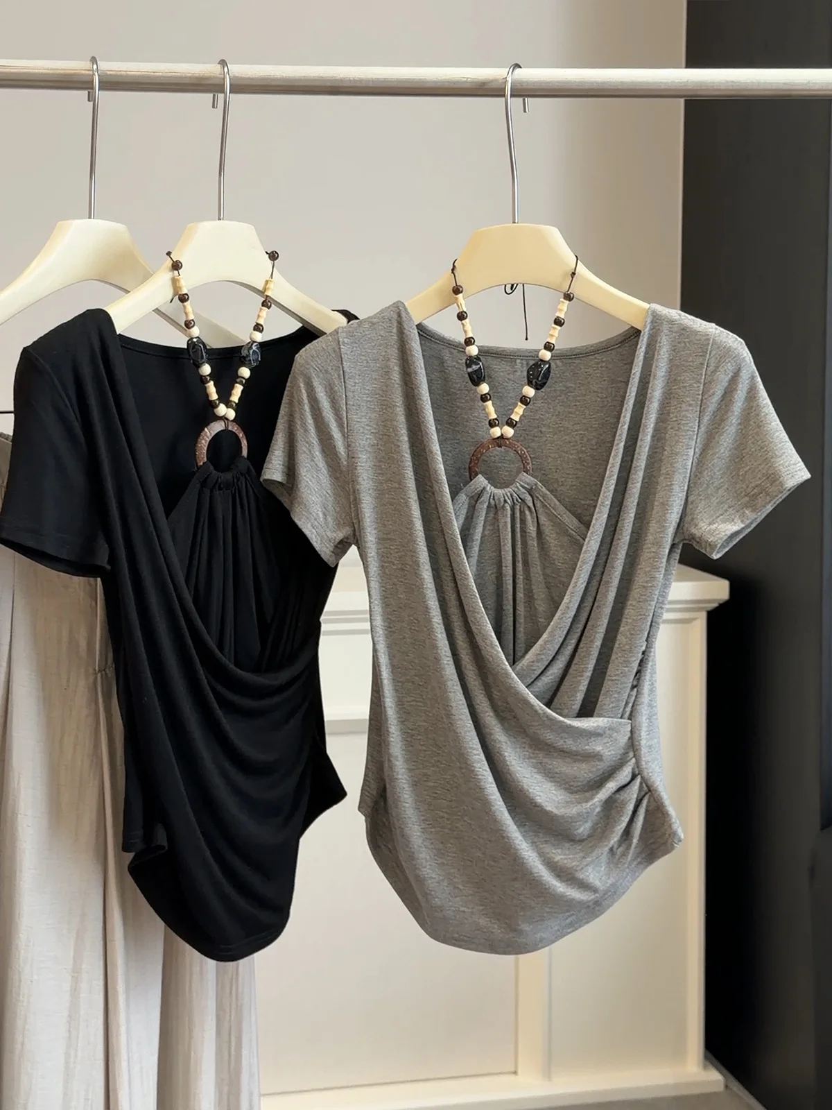 Women's Black/gray Halter Beaded Short Sleeve Top Irregularity Ruched Wrap Front Slim Fit T-shirt Casual Y2k Summer Streetwear