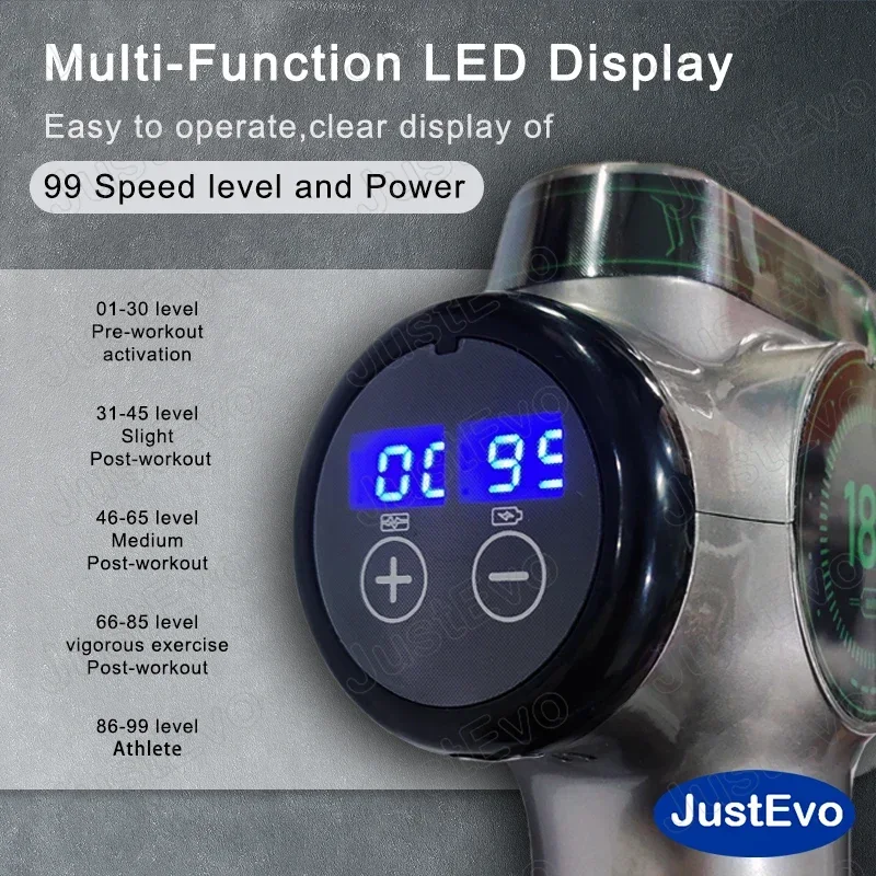 JUSTEVO Massagepistool op 99 niveaus, Type-C oplaadbaar, 8 massagekoppen, intensiteits- en batterijdisplay, perfect cadeau.