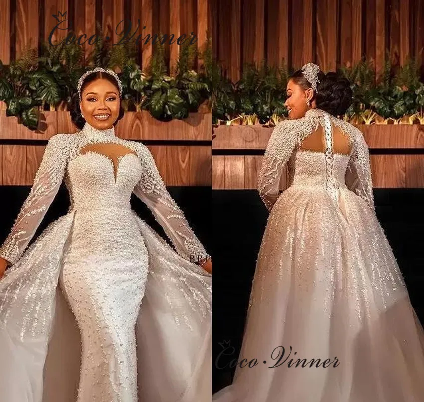 تخصيص الثقيلة الديكور 2 في 1 فساتين الزفاف الفاخرة مع قطار للانفصال اللؤلؤ مطرز جودة حورية البحر فستان الزفاف W1051