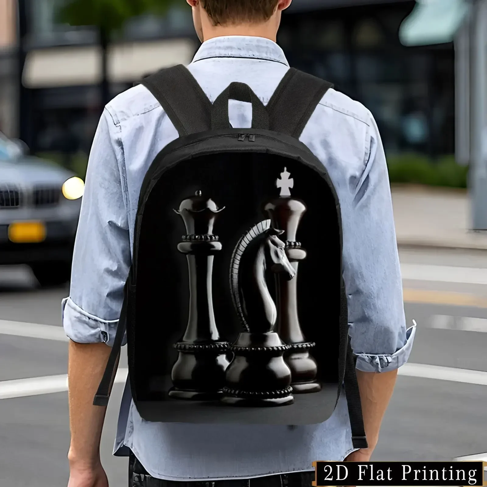Custom Stylish Black Chess Print Backpack Lightweight, Large Capacity, Adjustable Shoulder Straps & Side Pockets, Foldable