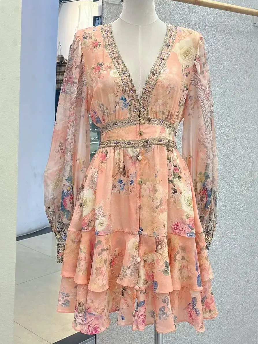 Flor rosa feminino vestido em camadas cristal frisado com decote em v cintura elástica único breasted férias feminino 100% seda mini robe