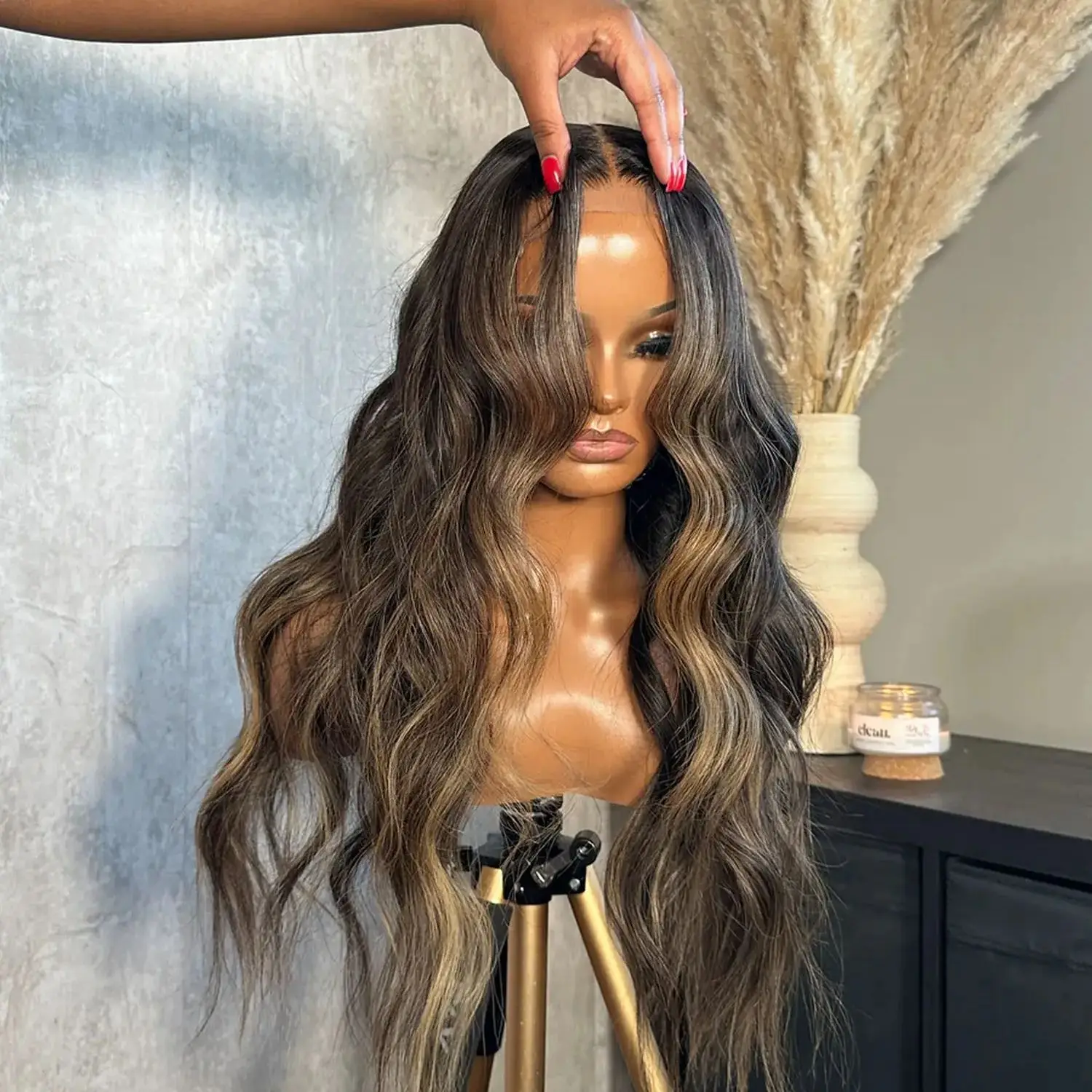 New In 13x4 Middle Part Ombre Dark Brown Highlight Synthetic HD Lace Top Wig Loose Deep Wave Small Large Cap Size Glueless Wigs