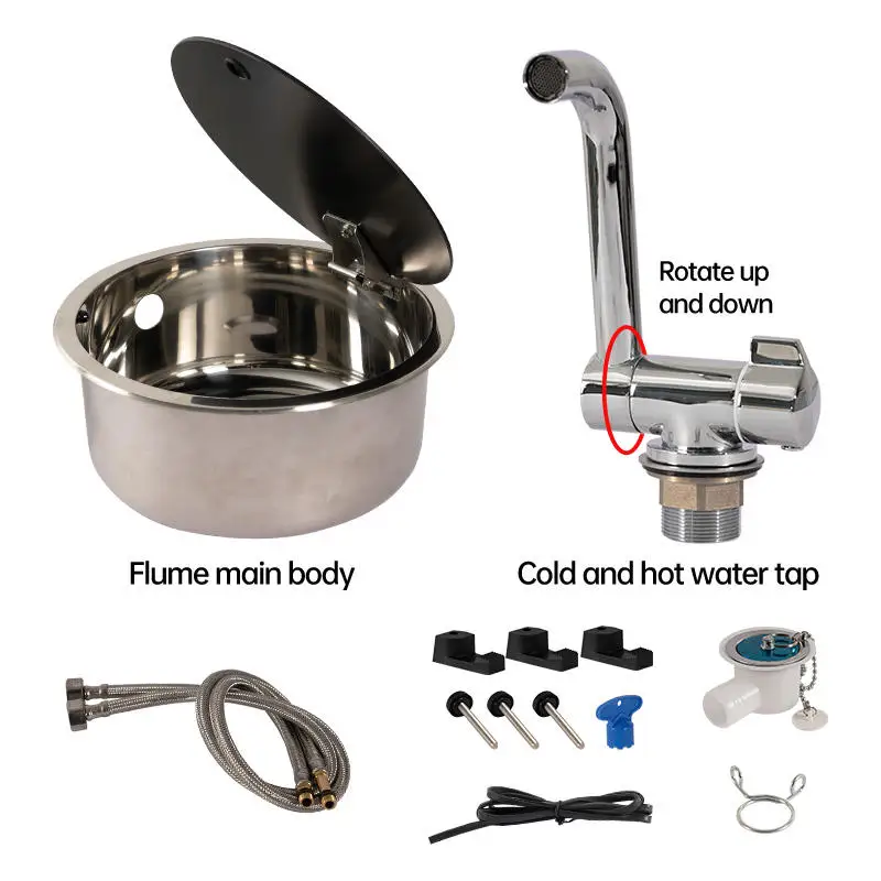 RV Kitchen Sink Round Stainless Steel Sink Suit Camping Kitchen Accessories Faucet Swivel