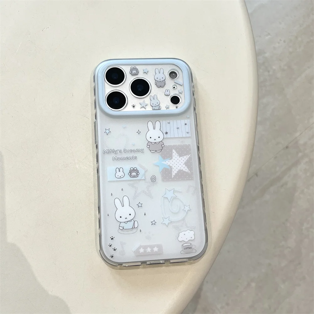 INS Cute Star Line Rabbit Phone Case for iPhone 16 Pro 14 15 17 Pro Max Cases 16 Max Cartoon Fundas Shockproof Protective Cover