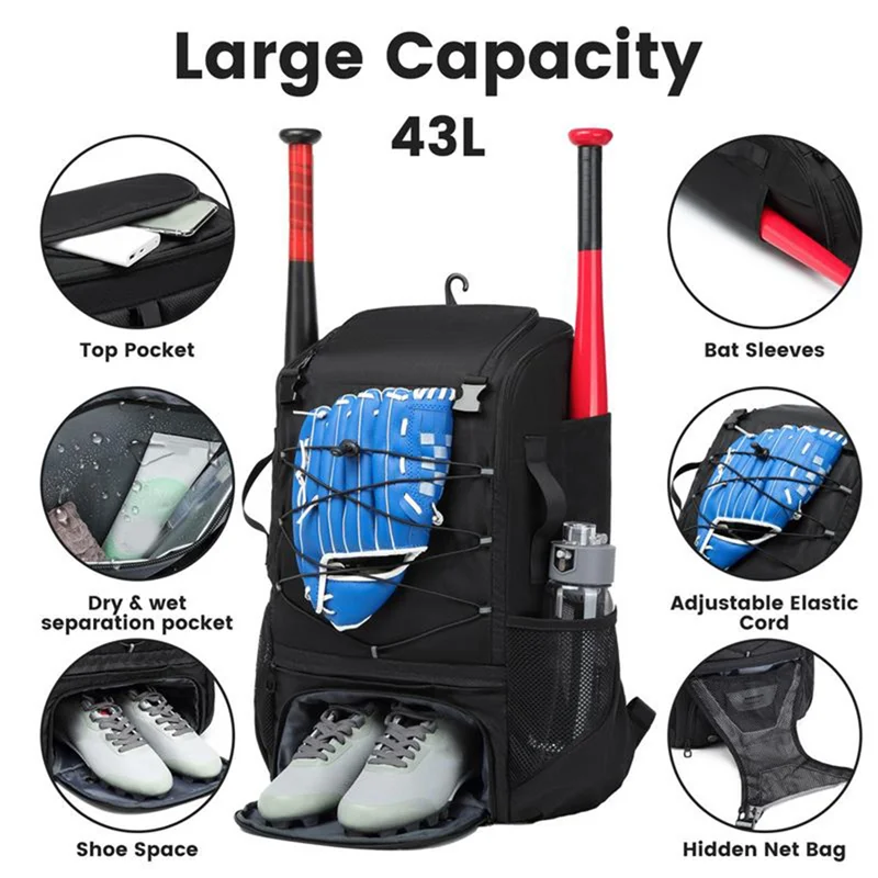 

TURE Large Capacity Baseball Softball Bag Hold Helmet 2 Tees Ball Bats Batting Glove Gear Outdoor Camping Bag Sport Organizer