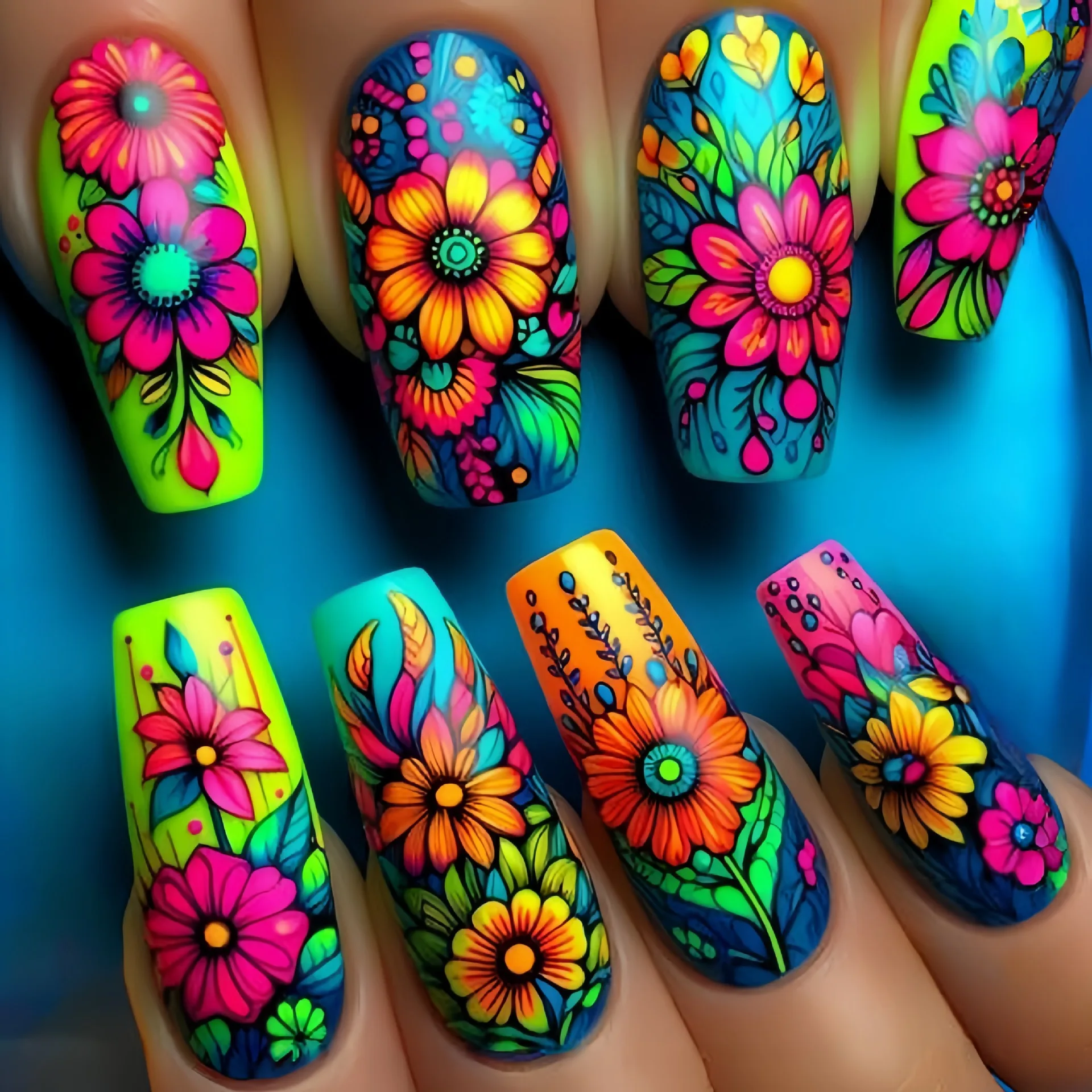 24pcs/set Short Medium fake nails for Spring summer beautiful colourful flowers bees faux ongles tips press on false nail art image 3