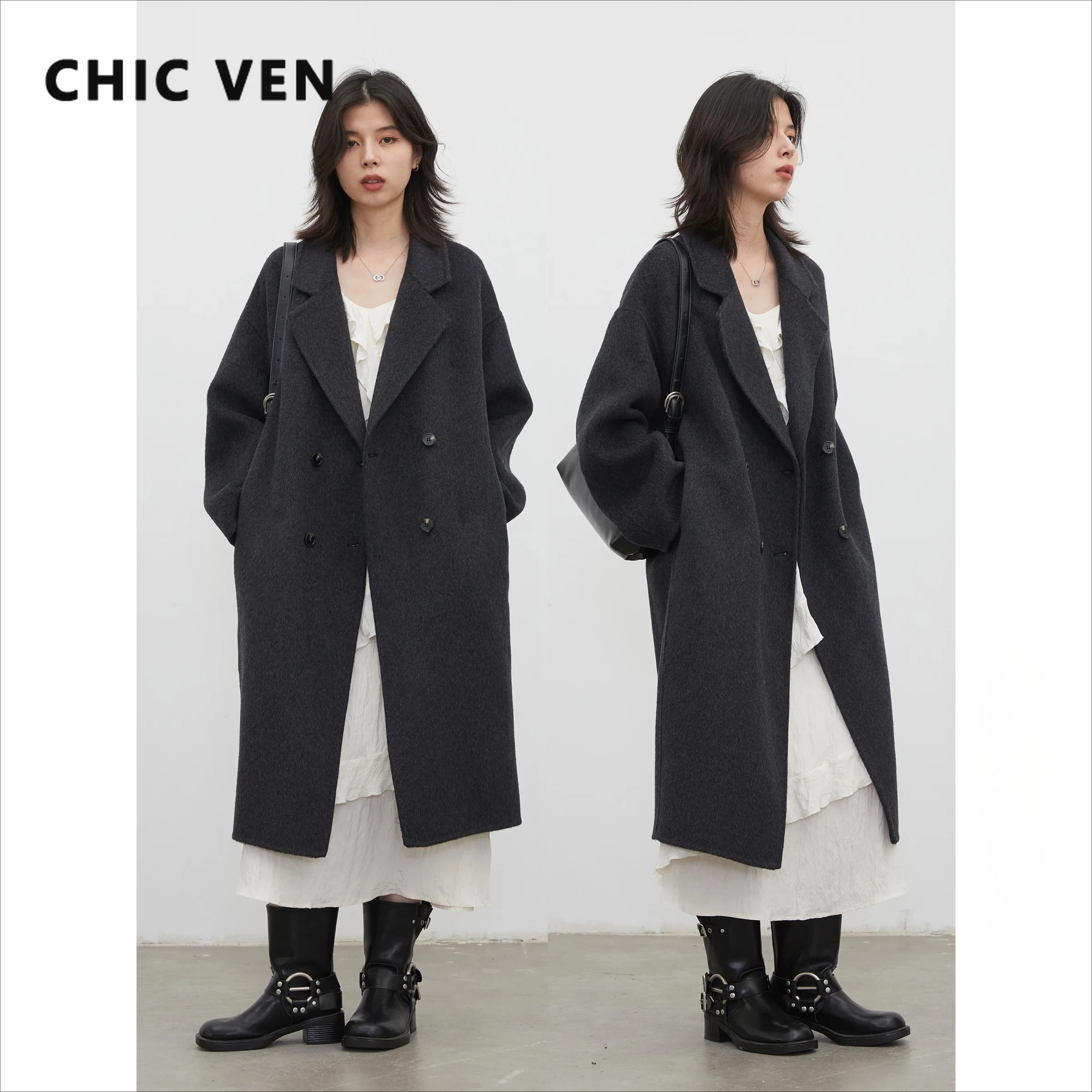 CHIC VEN Fashion Women Long Woolen Coats Classic Casual Black Loose Double-breasted  Overcoats Female Clothes Autumn Winter 2026