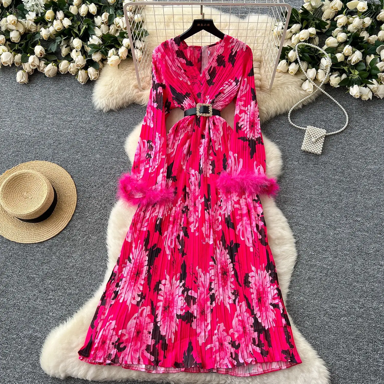 

Long Dress Women Dresses Print Floral Vestidos Streetwear V Neck Full Sleeve High Waist Elegant Maxi Y2k Party Night 2025