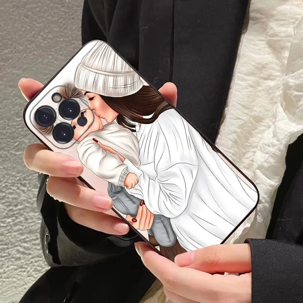 Black Brown Hair Baby Mom Girl Son Phone Case For iPhone 15 14 11 12 13 Mini Pro XS Cover 6 7 8 Plus X XR SE 2020 Funda Shell