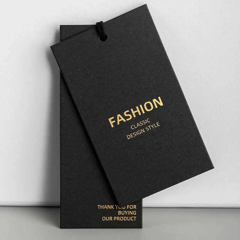 Custom Clothing Hang Tag Black Cardstock Foil Stamped Logo Tag for Garments Brand Labels Wholesale