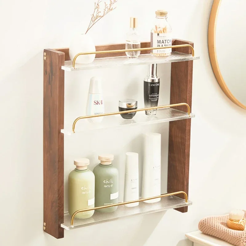 

Solid Wood Toilet Item Cabinet No-Punch Wall Hung Bedroom Organizer with Multi-Layers and Large Space Acrylic Frame
