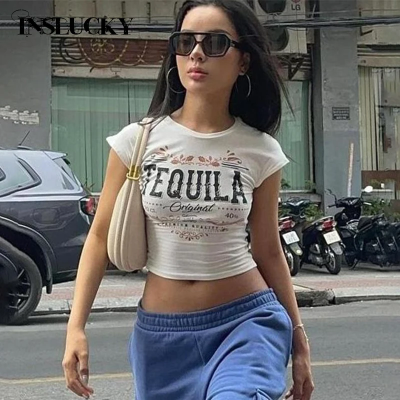 

InsLucky Y2K Backless Letter Print T Shirt Women O Neck Short Sleeve Slim Bodycon Cropped Tops Summer Sexy Party Streewear 2024