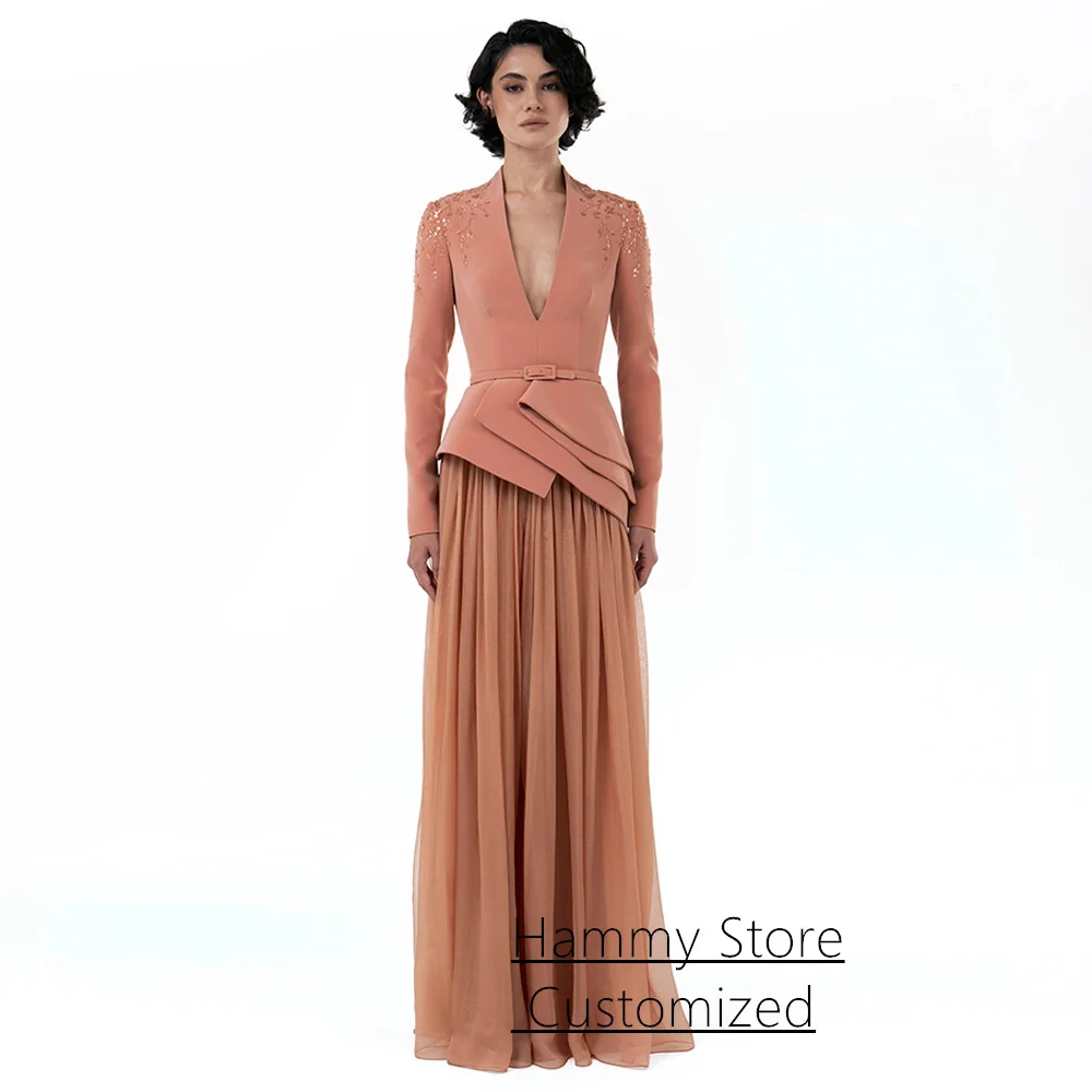 Coral Evening Dress فساتين حفلة موسيقية Customized V Neck Long Sleeve Beading Sequined Wedding Party Gown Arab Prom Dresses image 2