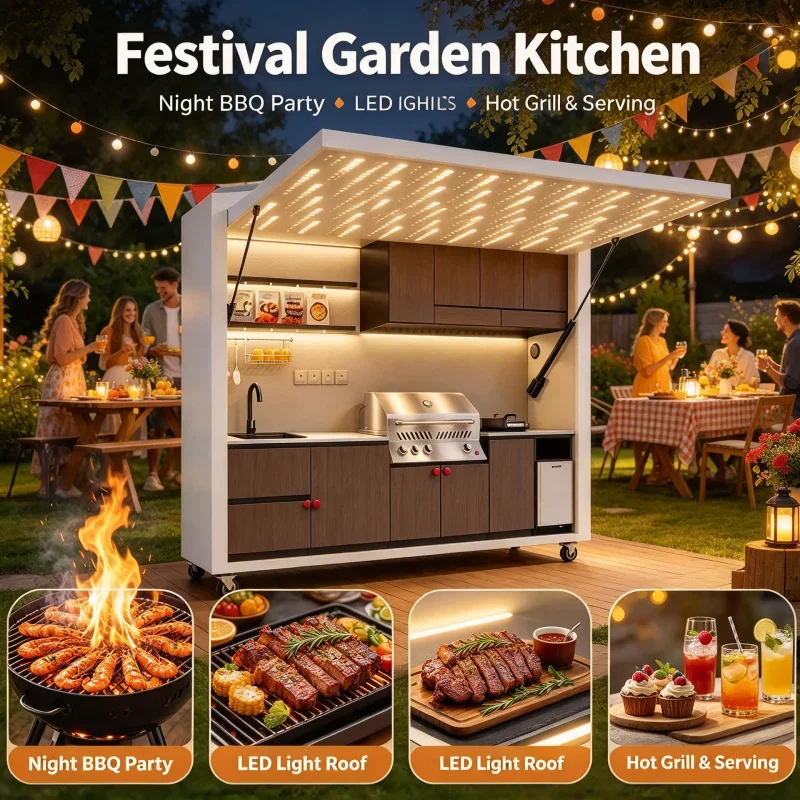 FL Enclosed Pod Outdoor Kitchen with Weatherproof Roof Stainless Steel Construction Acrylic Finish Hinge & Drawer Basket Custom