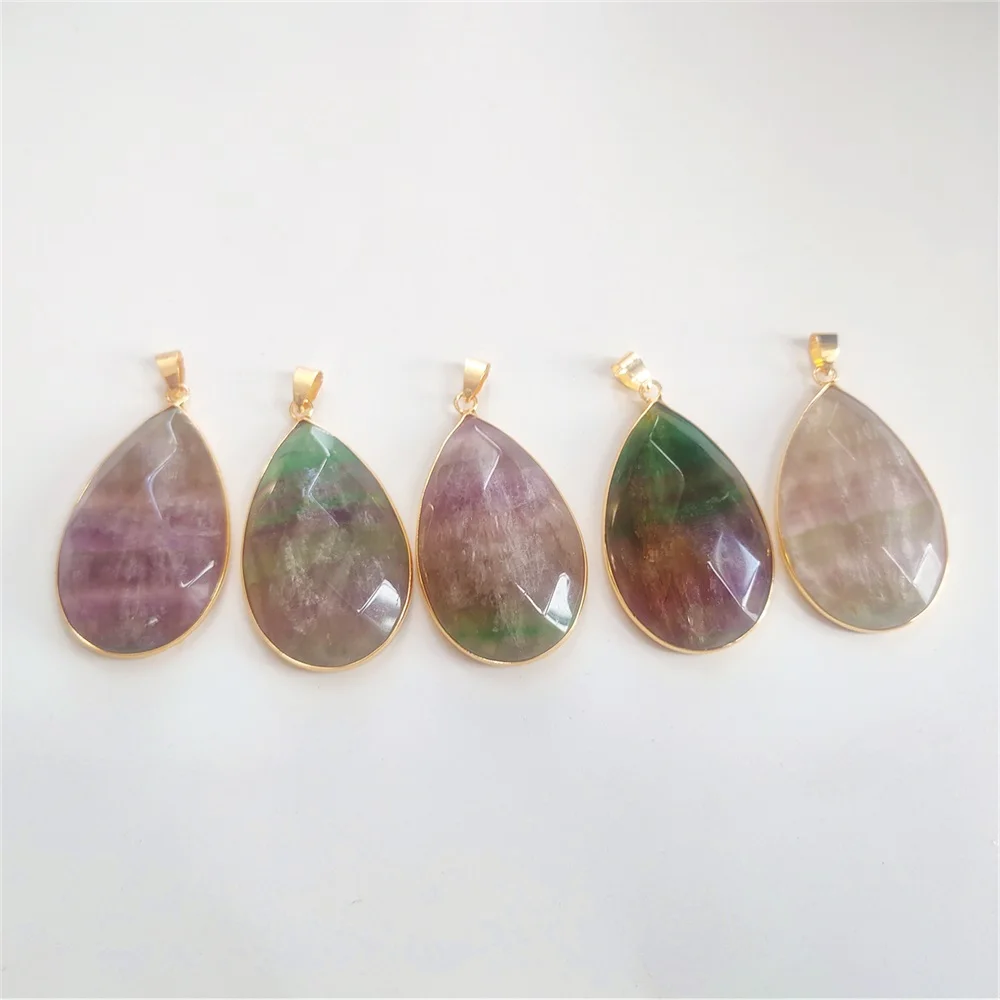 FUWO Wholesale Natural Fluorite Pendants,Golden Plated Bezel Rainbow Crystal Water Drop Accessories For Jewelry Make 5Pcs PD188