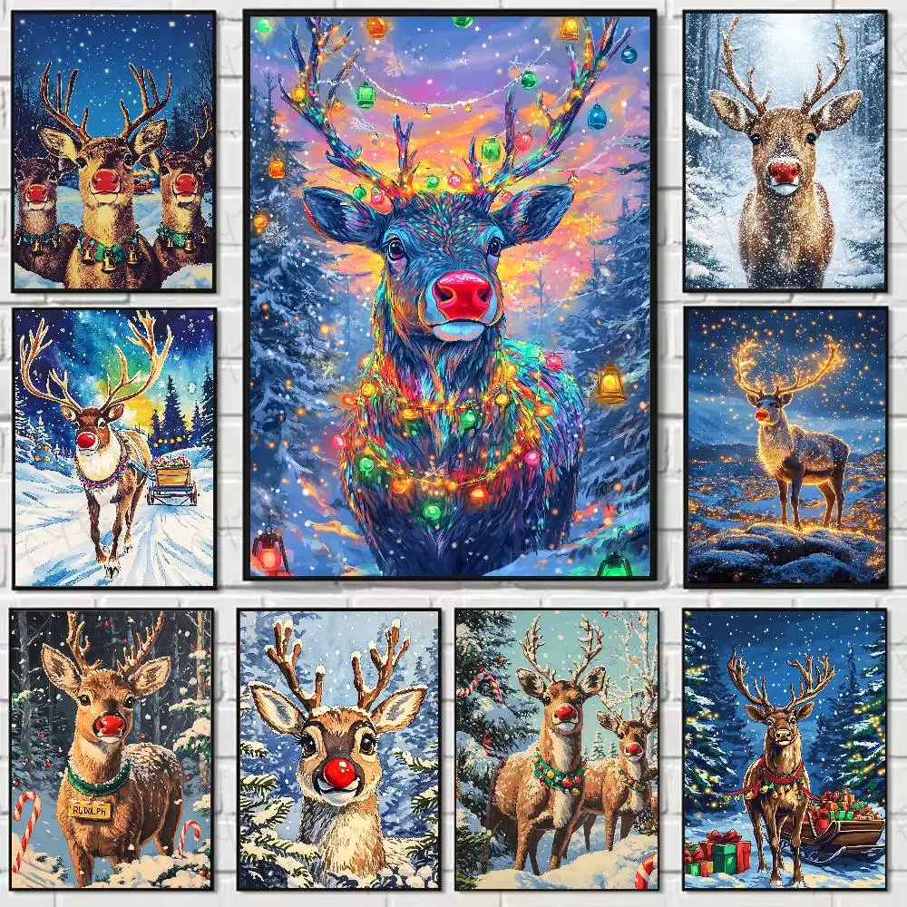 

Cute Christmas Reindeer Poster Home Living Bed Room Bar Hallway Sticky Wall Art Printing Waterproof Aesthetic Decor