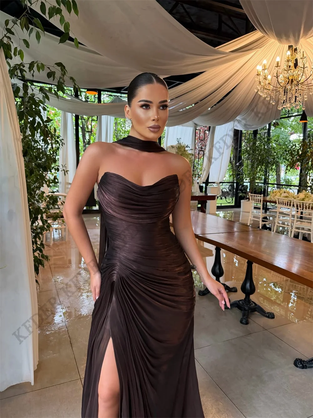 Dubai Woman Evening Dresses For Events Luxurious Shiny Chiffon Side Slit Special Occasion Prom Gowns Customized réveillon - view 5