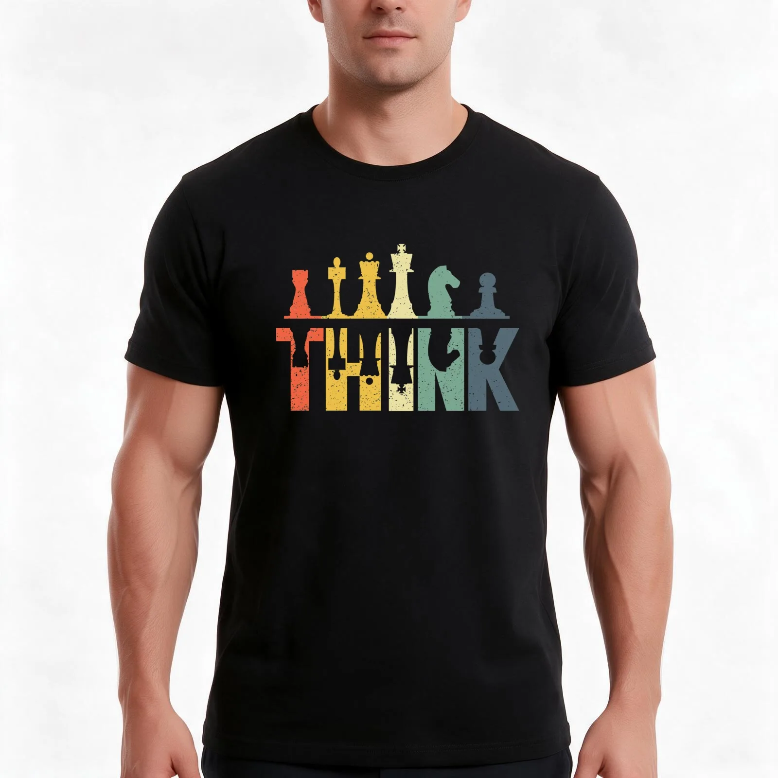 Think Retro Vintage Chess Pieces Player Gifts Chess T-Shirt, Summer Casual Cotton Tee, Oversized Streetwear Tops, 100% Cotton