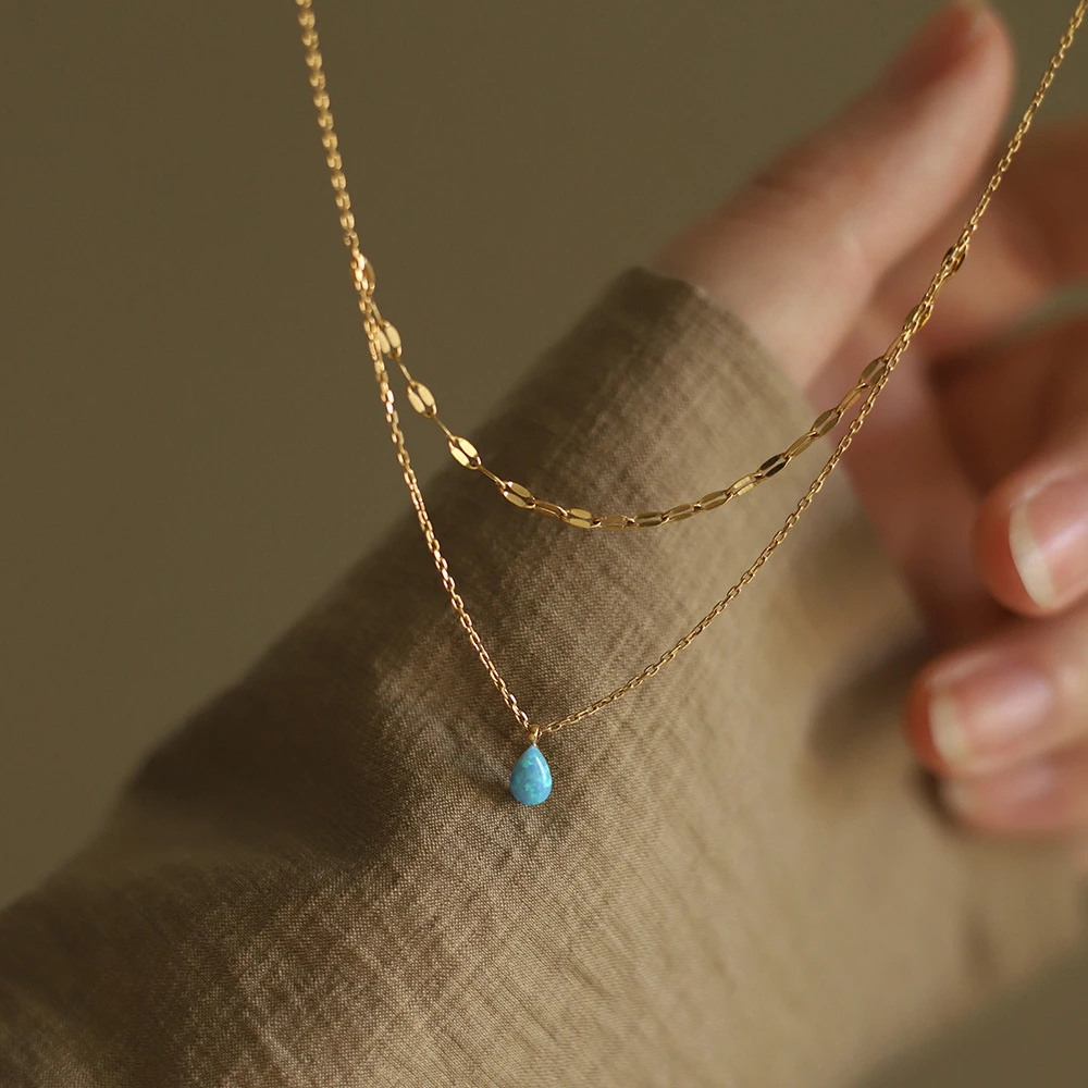 Stainless steel blue tears small and delicate Aobao blue water droplet sparkling double-layer necklace plated with 18K gold