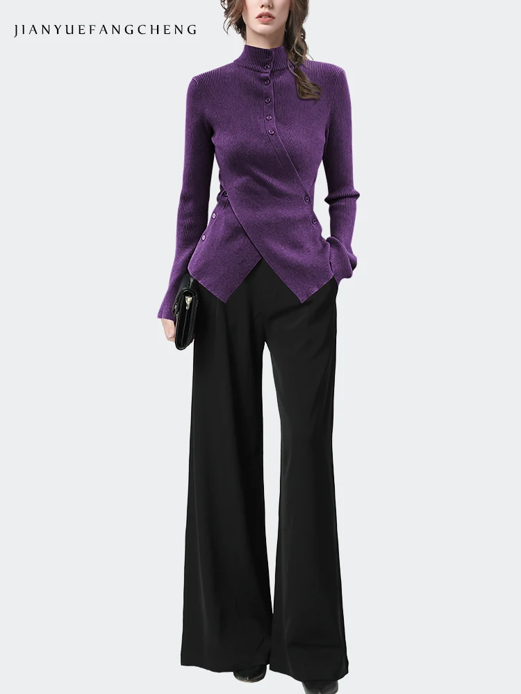 Fashion Womens Turtleneck Skinny Purple Wool Sweater Irregular Crossed Button-down Knitted Cardigan Tops