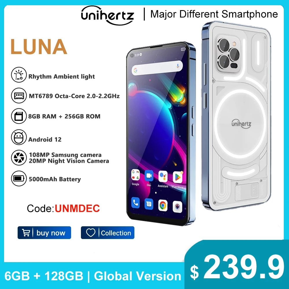 Unihertz Luna 8GB 256GB Smartphone 108MP G99 Telefono cellulare Visione notturna Ritmo Luce ambientale Cellulare Android 12