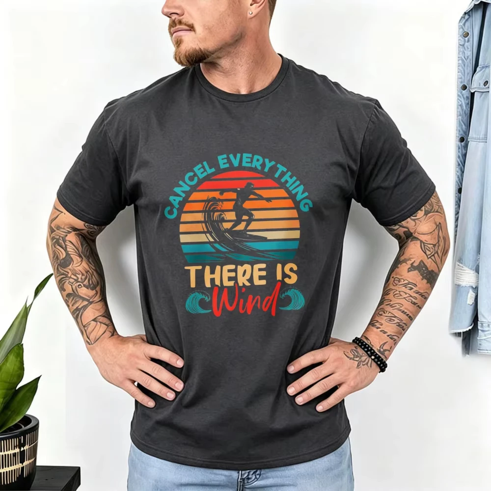 Cancel Everything There Is Wind Retro Stripe Surf Cotton Men Tshirt Tropical Kite Surf Graphic Tops Ocean Water Sport Street Tee