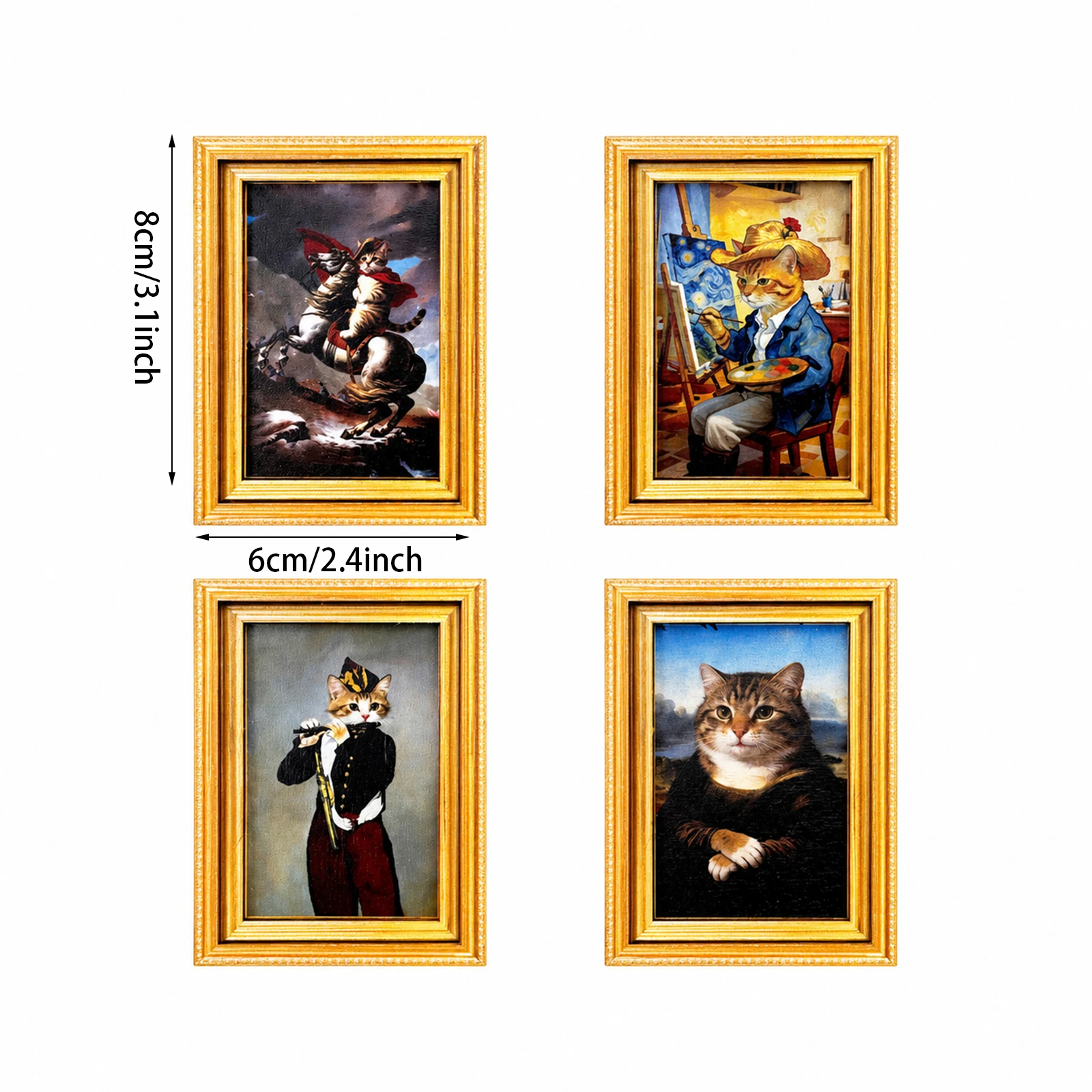 Vintage Cat Painting Magnets Mini Gold Framed, Aesthetic Room Decor for Refrigerator Door, Locker, Office Desk