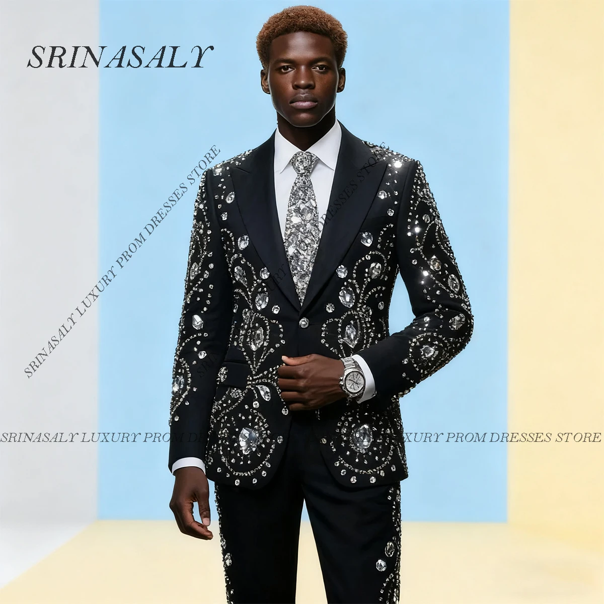 

Customized Luxury Rhinestones 2 Pieces Sets Men Suits High End Beaded Groom Tuxedos Slim Fit Male Party Prom Blazer Ropa Hombre