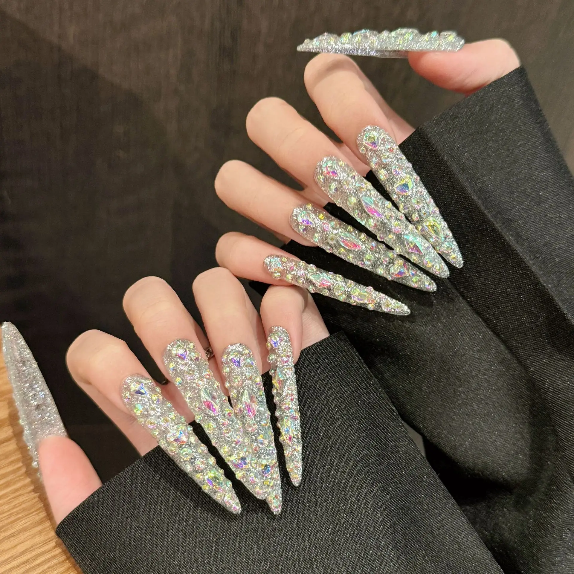 Handmade Press on Nails Heavy Metal Full Rhinestone Shiny Red Fake Nails Full Cover Wearable European Extra Long False Nail Tips